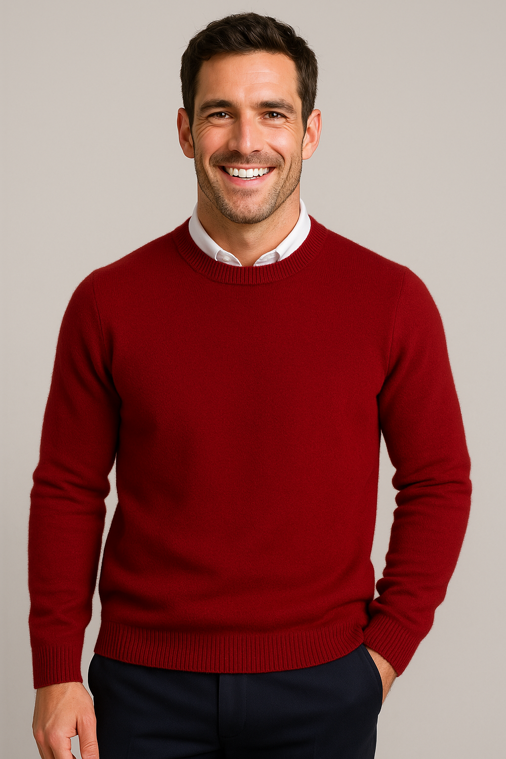 Men's solid crew neck knit pullover sweater with long sleeves and ribbed cuffs