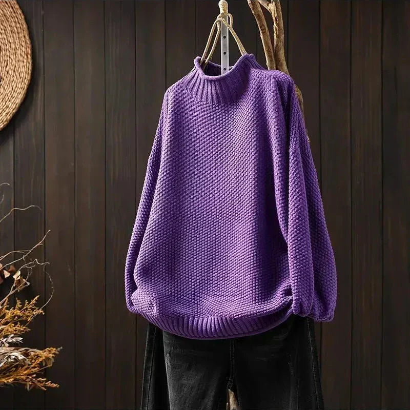 Women's oversized textured knit jumper with mock neck and long sleeves