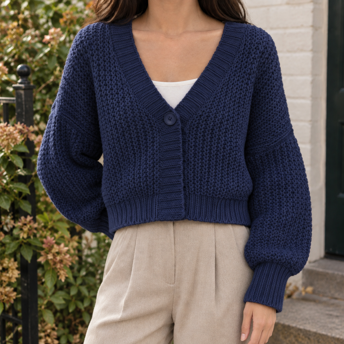 Women's Chunky Knit Balloon Sleeve Cropped Cardigan