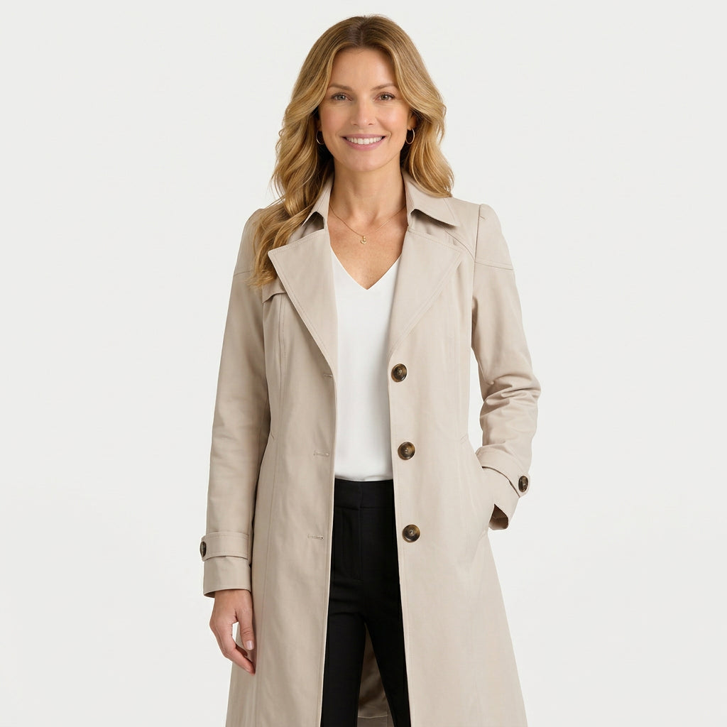 Women’s Single Breasted Trench Coat – Notched Collar Longline Style