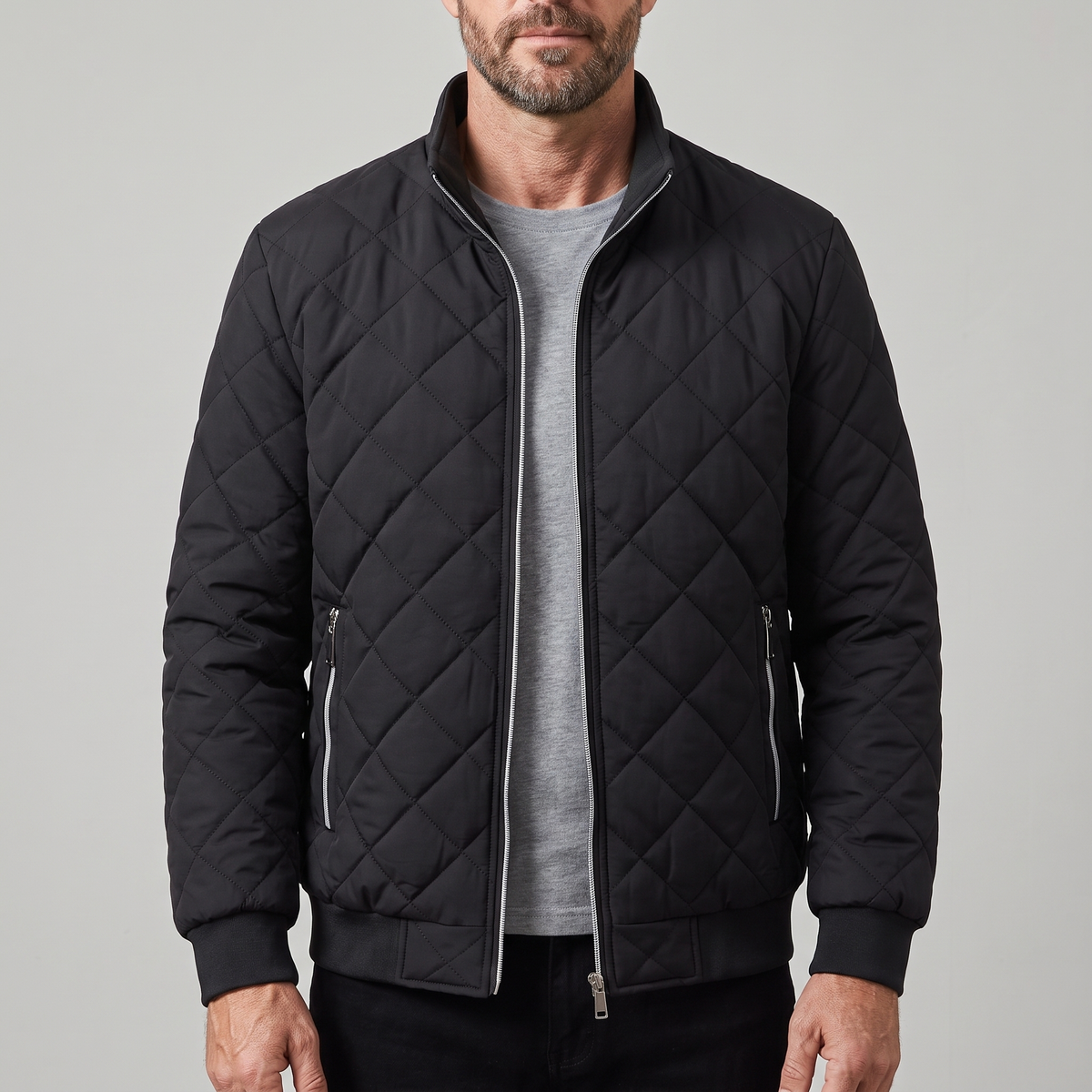 Men's Diamond Quilted Zip-Up Bomber Jacket