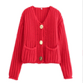 Women's chunky knit cropped cardigan with V-neck, buttons and front patch pockets