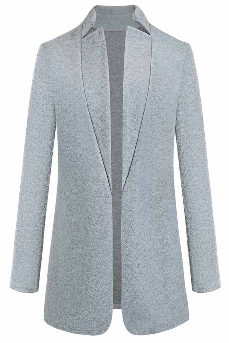 Women's longline open front blazer coat with notched lapels and long sleeves