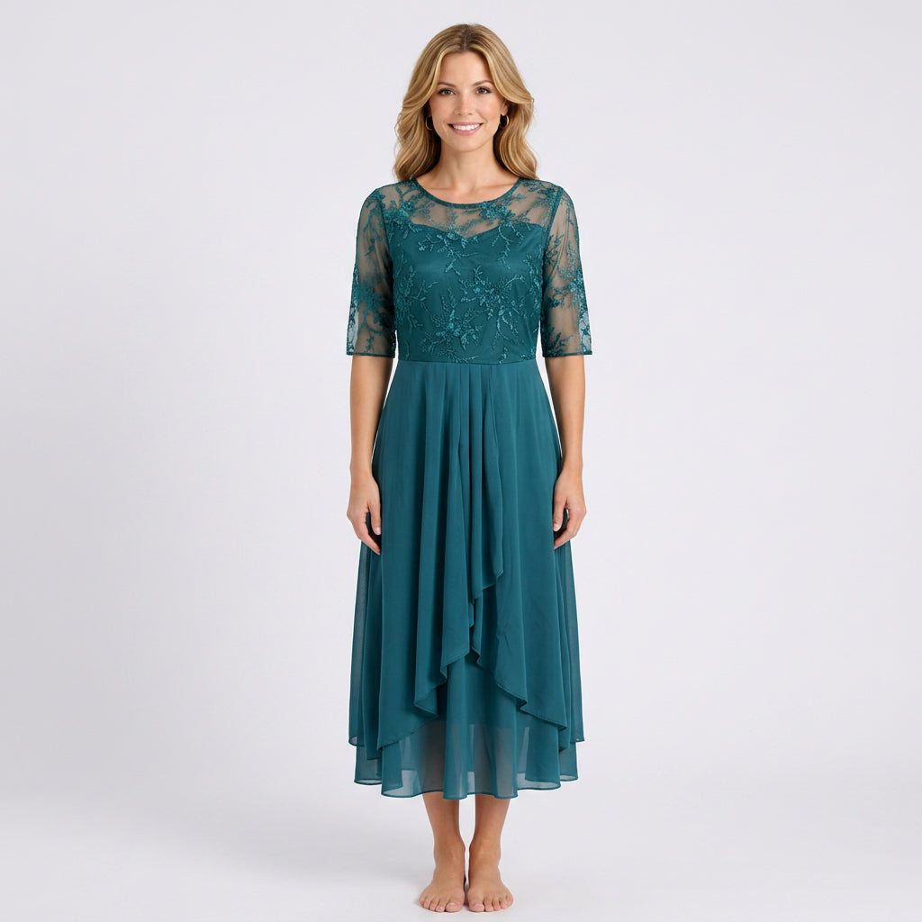 Lace Bodice Midi Dress – Sheer Sleeve Occasion Style