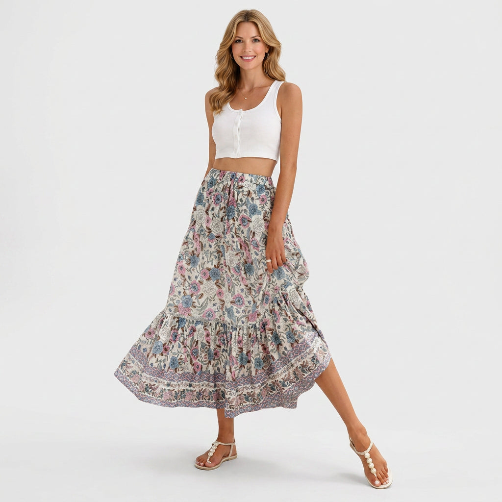 Bohemian Floral Tiered Maxi Skirt with Tie Waist