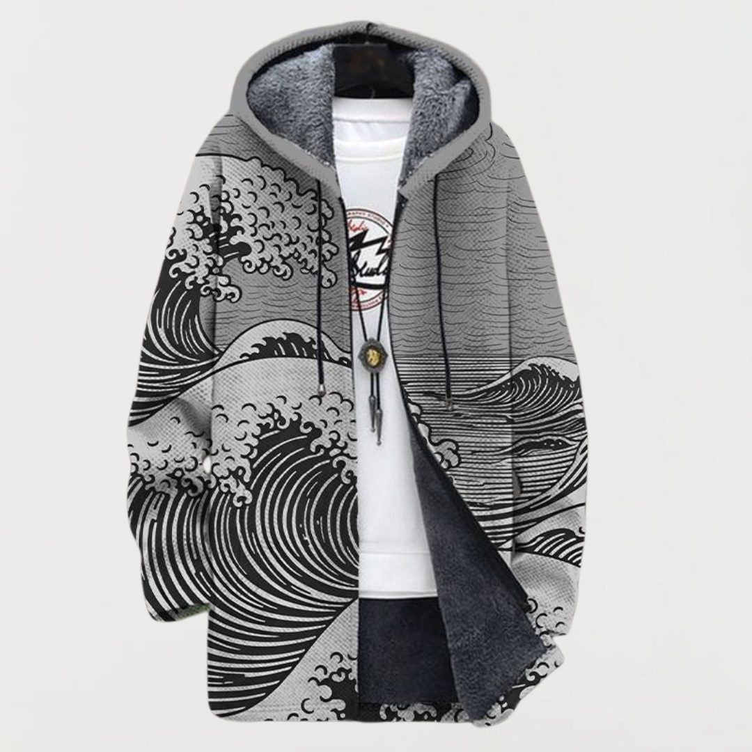 Manteau long à capuche, imprimé ethnique et doublure polaire pour homme