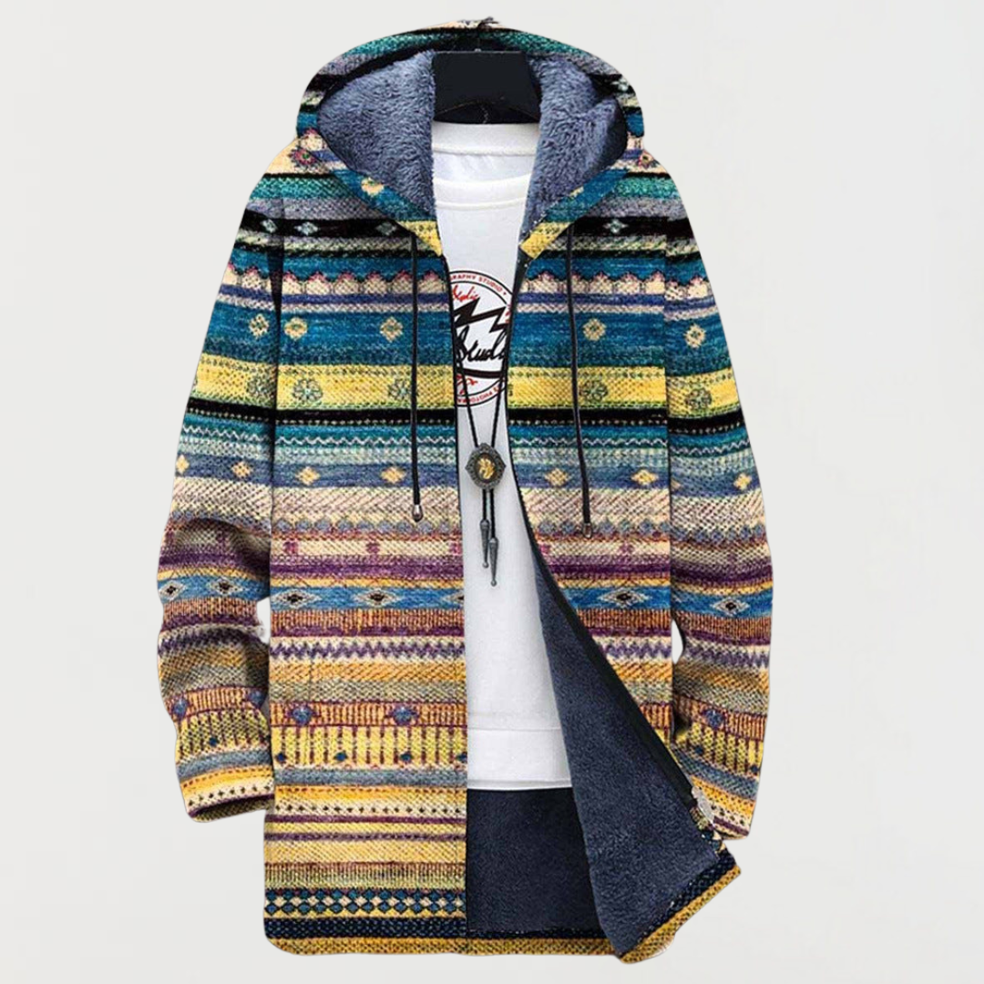 Manteau long à capuche, imprimé ethnique et doublure polaire pour homme