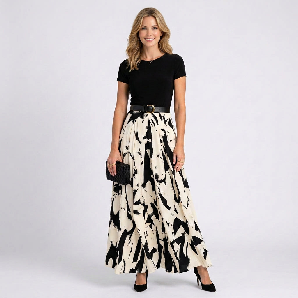Printed Maxi Dress Women’s Belted Short Sleeve Dress