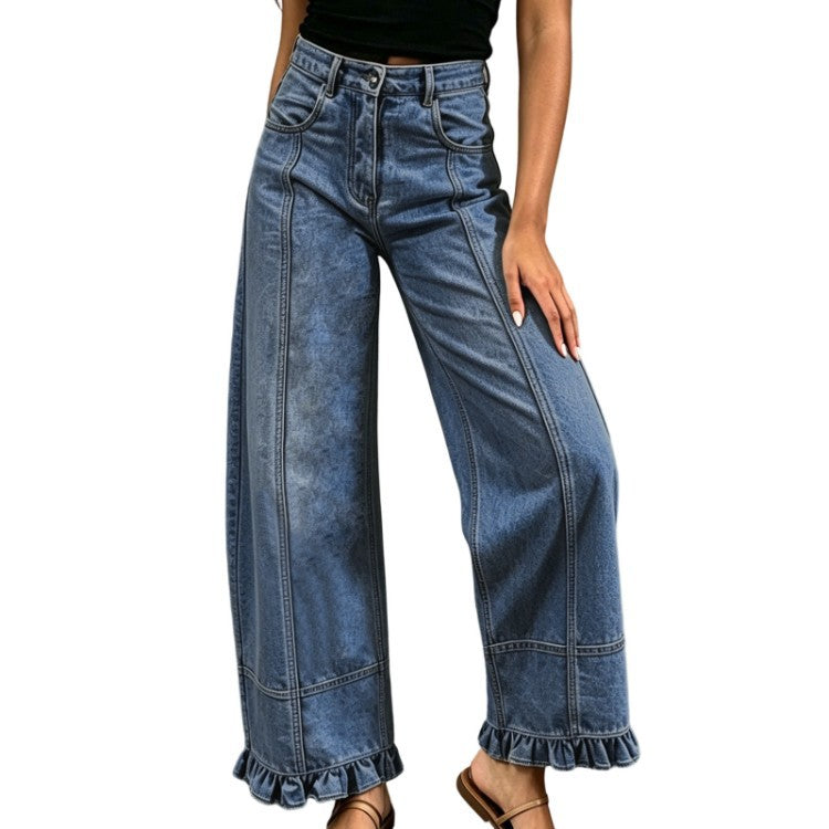 Women's Wide Leg Jeans with Ruffle Hem Detail