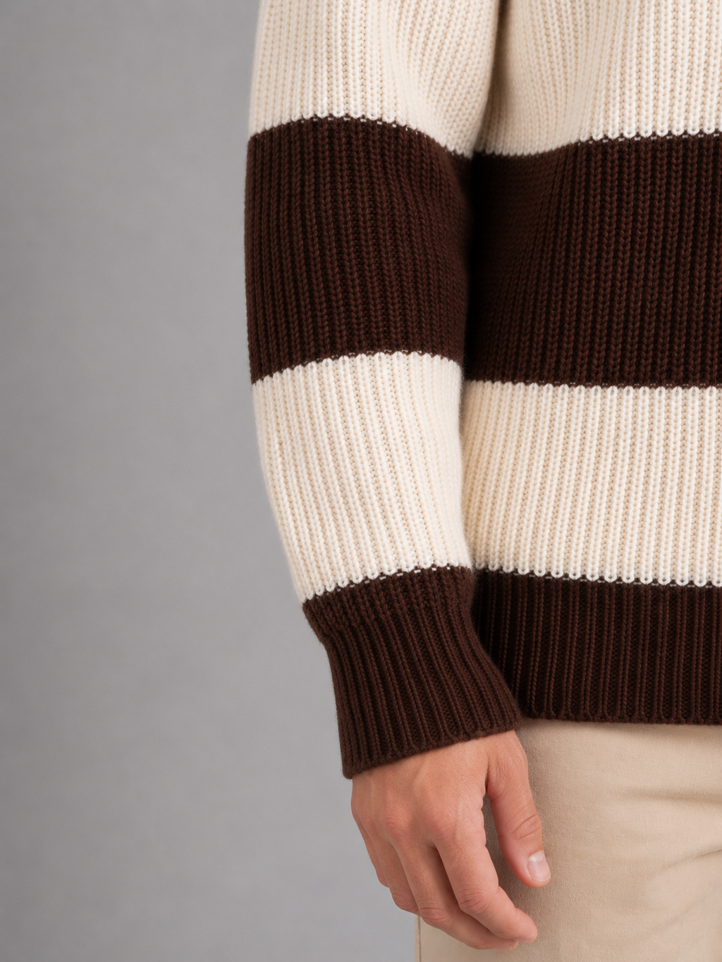 Men's brown and cream striped polo sweater with long sleeves and ribbed knit texture