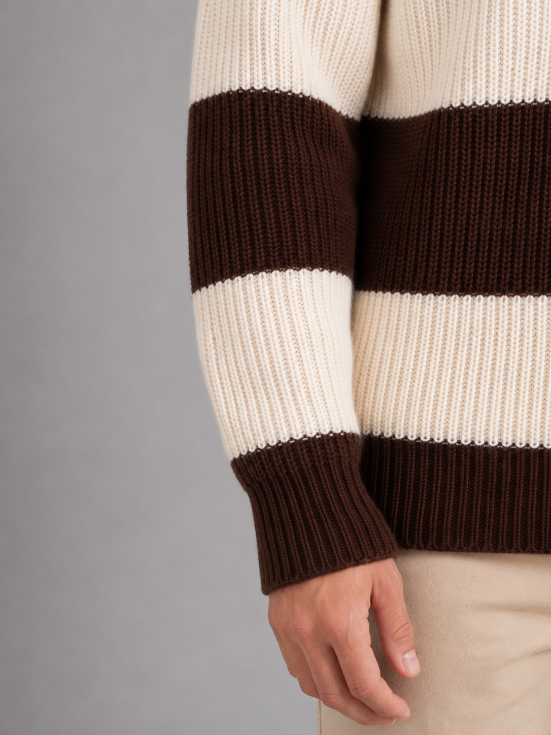 Men's brown and cream striped polo sweater with long sleeves and ribbed knit texture
