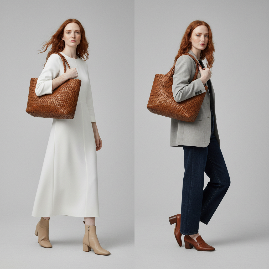 Women's woven tote bag with braided shoulder handles