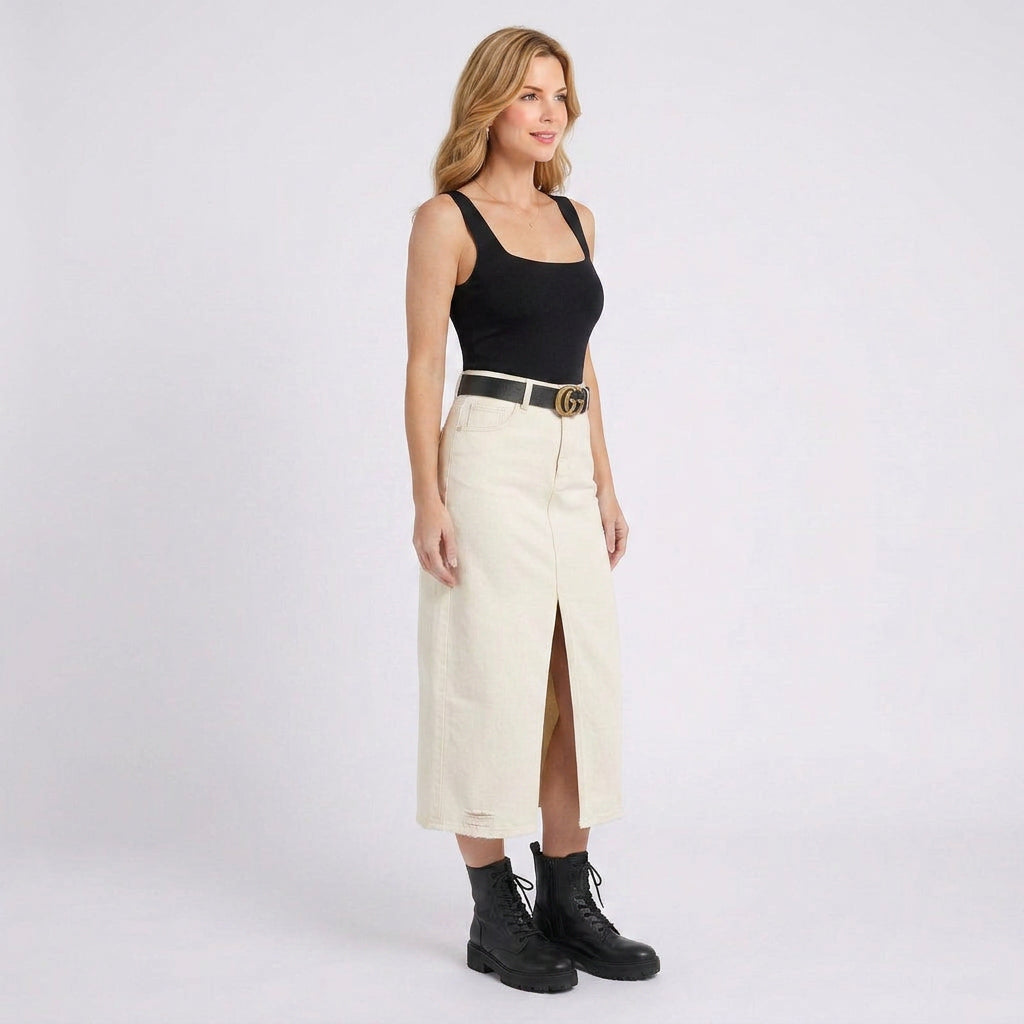 Denim Midi Skirt – High Waist Front Split Style