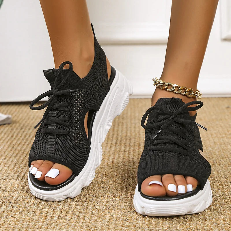 Knit Lace-Up Open Toe Platform Trainer Sandals