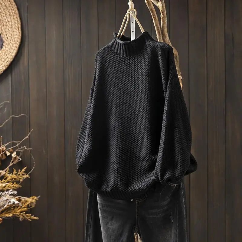 Women's oversized textured knit jumper with mock neck and long sleeves