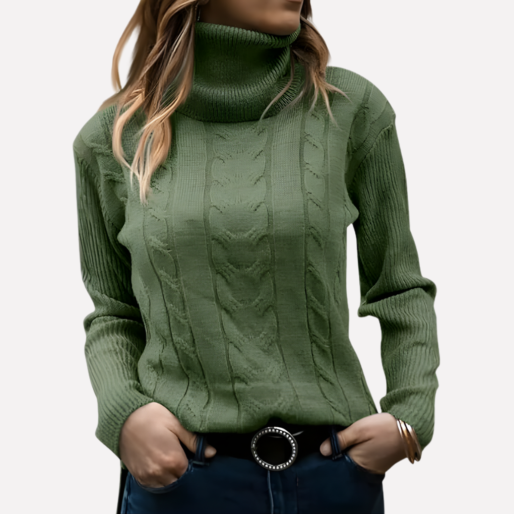 Women's slim fit cable knit turtleneck jumper with long sleeves