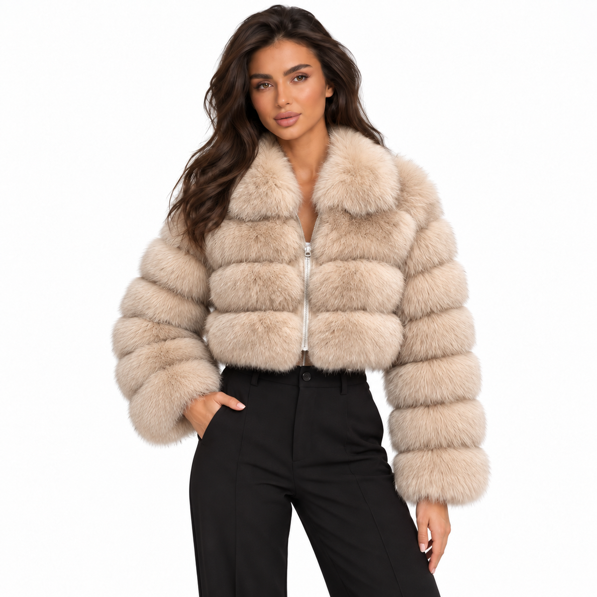 Women's Cropped Tiered Faux Fur Jacket