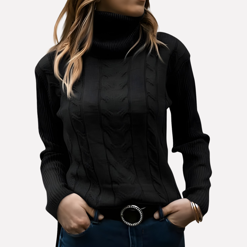 Women's slim fit cable knit turtleneck jumper with long sleeves