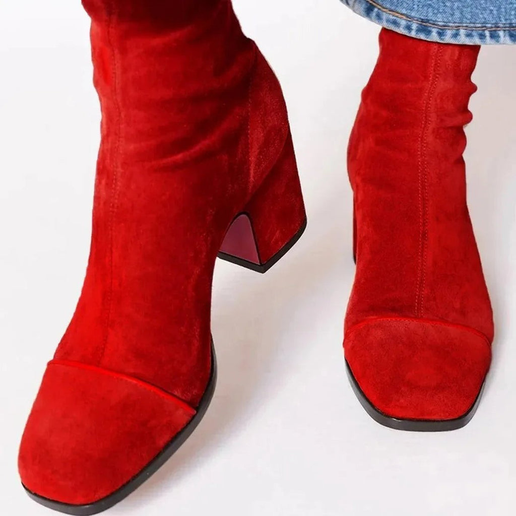 Women’s Suede-Look Square Toe Cap Block Heel Sock Boots