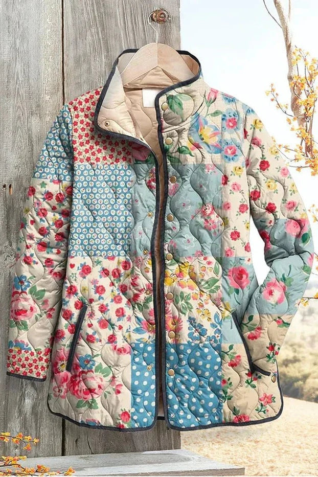 Veste matelassée fleurie patchwork pour femme à boutons-pression sur le devant