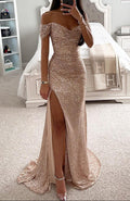 Women's off-shoulder sequin mermaid maxi dress with thigh slit and trailing hem