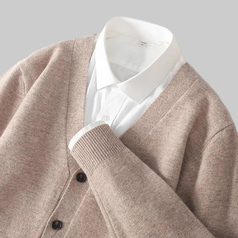 Men's heathered knit V-neck button cardigan with long sleeves