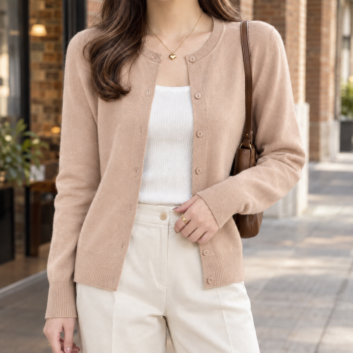 Women's Fitted Crew Neck Button-Front Cardigan