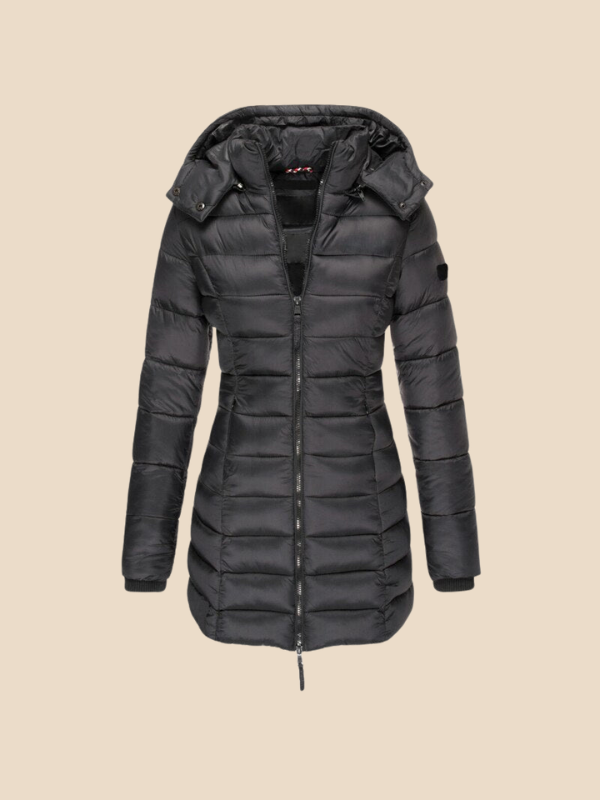 Women's hooded navy quilted longline puffer coat with zip front and angled zip pockets