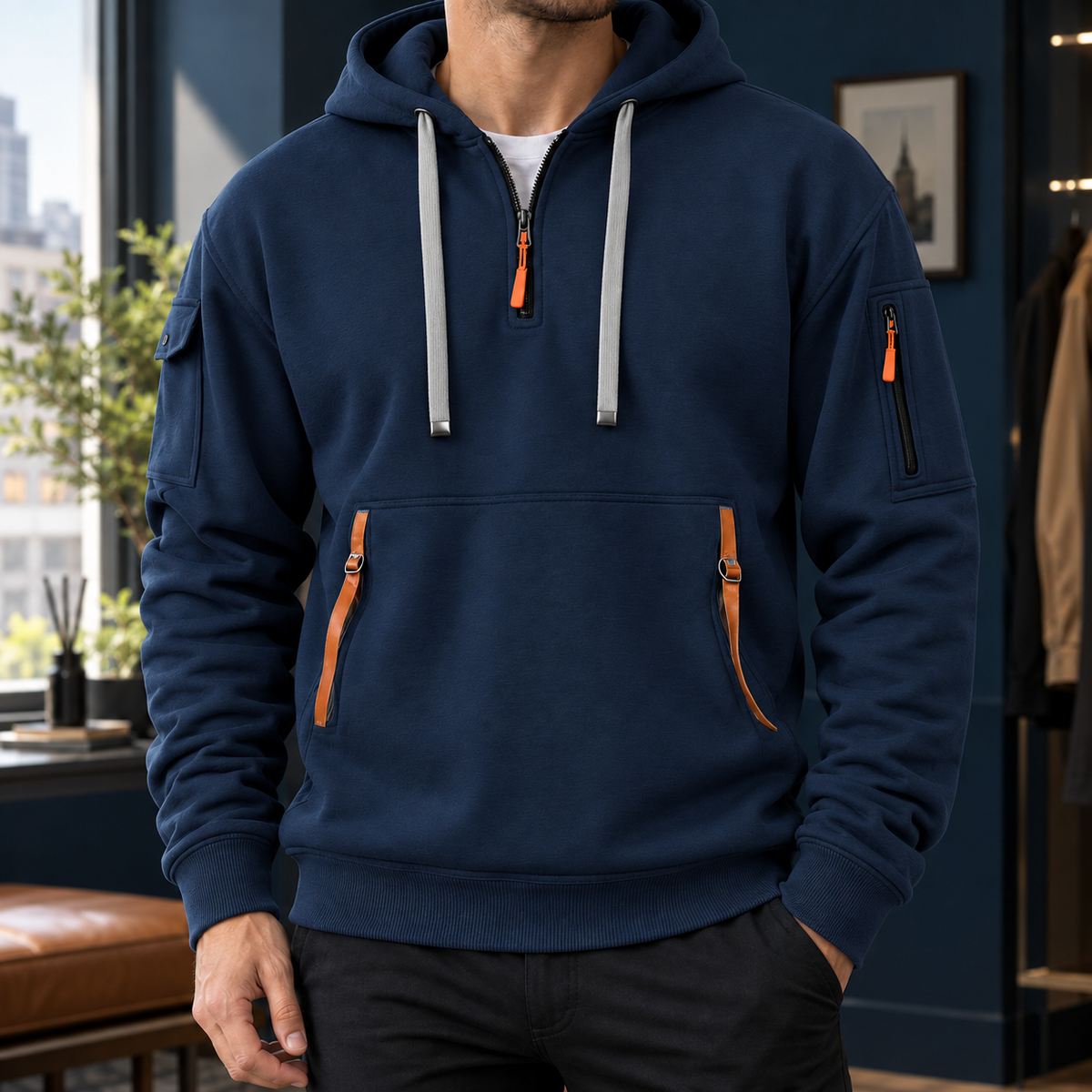 Men's Utility Half-Zip Hoodie with Pocket Detailing