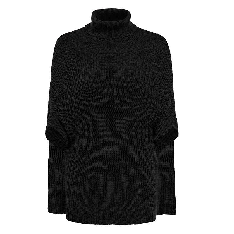 Women's ribbed knit turtleneck poncho sweater with cape sleeves