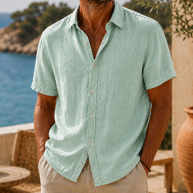 Short Sleeve Cotton Linen Shirt with Classic Collar