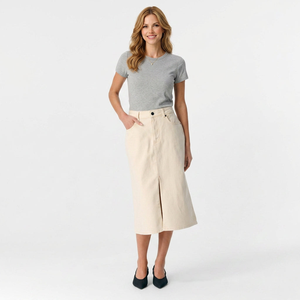 Denim Midi Skirt – High Waist Front Split Style