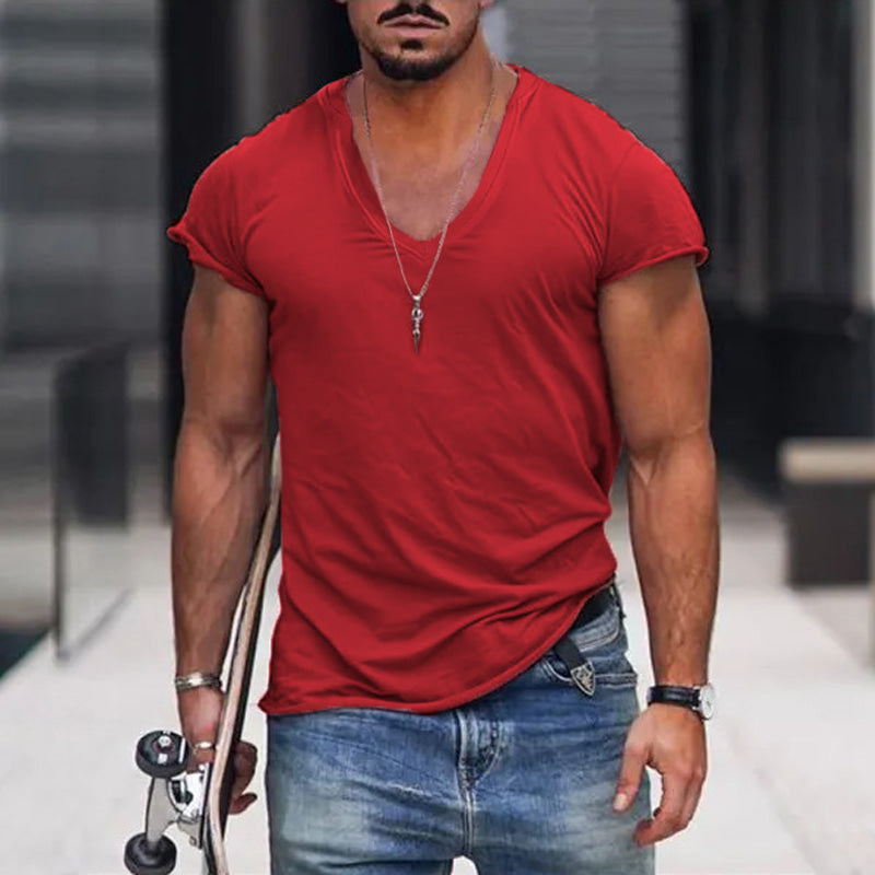 Men's slim fit solid V-neck short sleeve T-shirt
