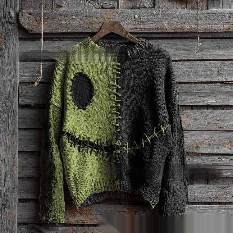 Women's color block sweater with cat motifs, distressed edges and stitched panel details