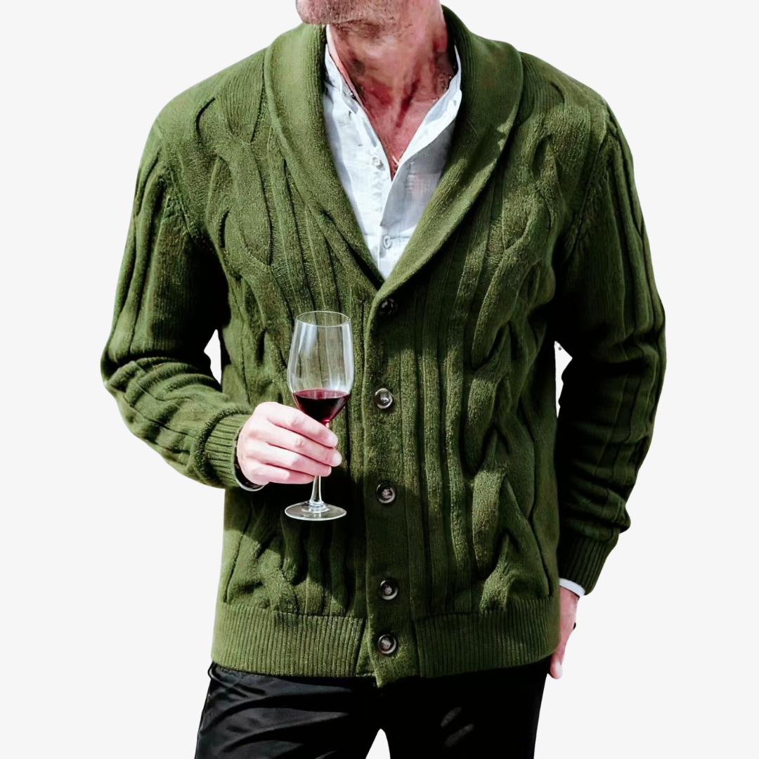 Men's cable knit cardigan with shawl collar, long sleeves and button front