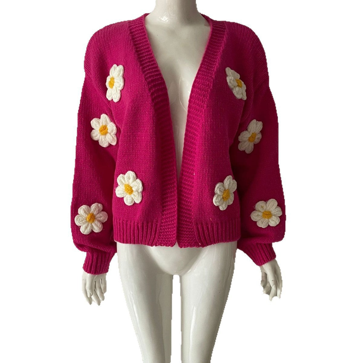 Women's Daisy Applique Ribbed Knit Cropped Cardigan
