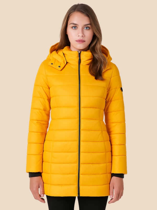 Women's hooded navy quilted longline puffer coat with zip front and angled zip pockets
