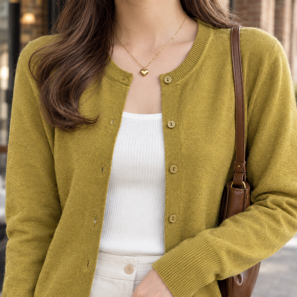 Women's Fitted Crew Neck Button-Front Cardigan