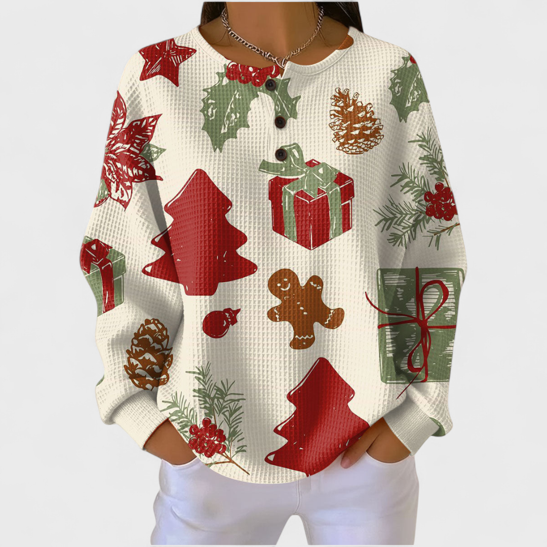 Haut Henley en maille gaufrée à imprimé de Noël pour femme
