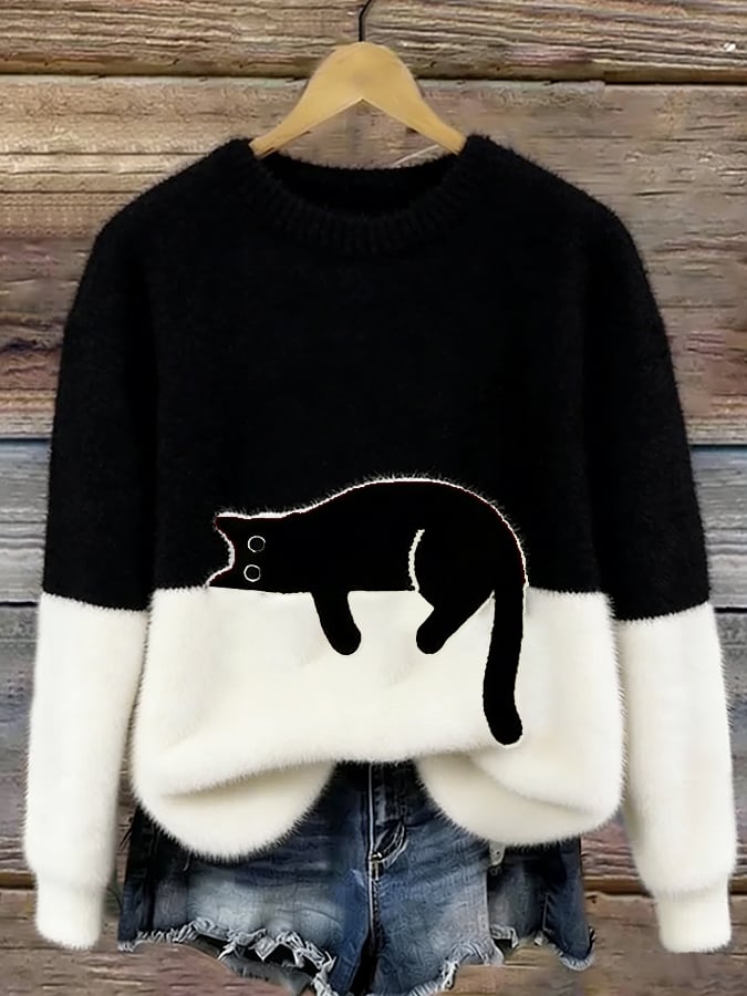Women's Fluffy Cat Motif Colour Block Jumper