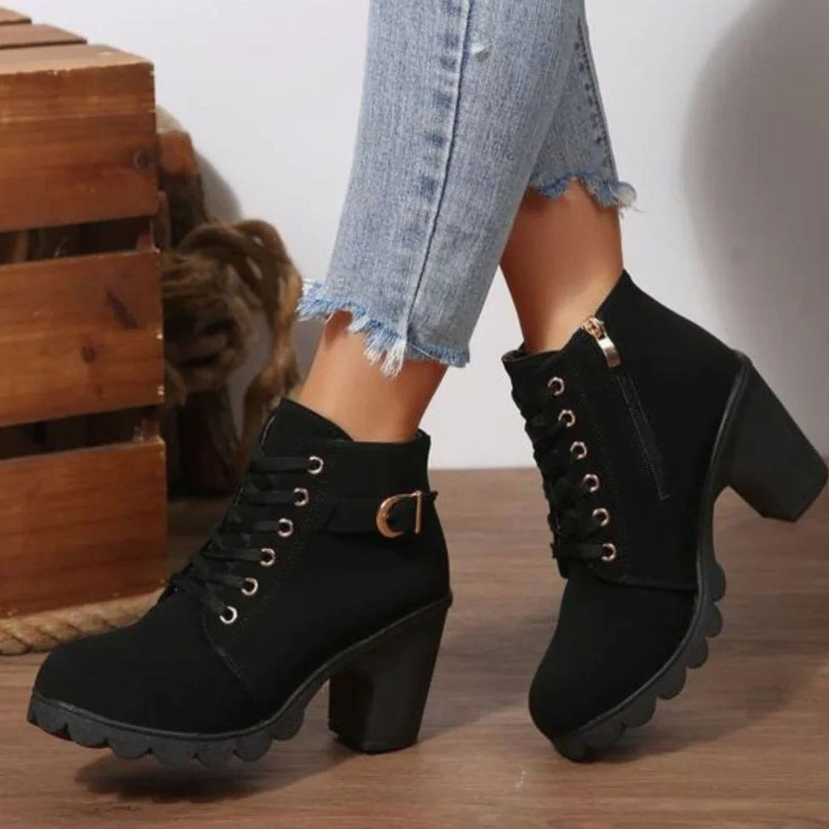 Bottines à talons épais et plateforme pour femme, aspect daim, à lacets