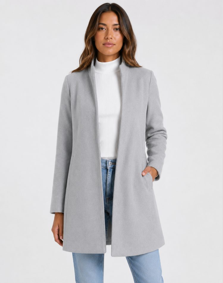 Women's open front swing coat with lapel collar and long sleeves