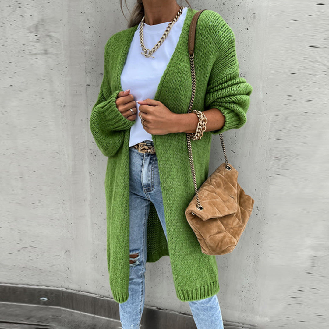 Women's chunky knit longline cardigan with open front and long sleeves