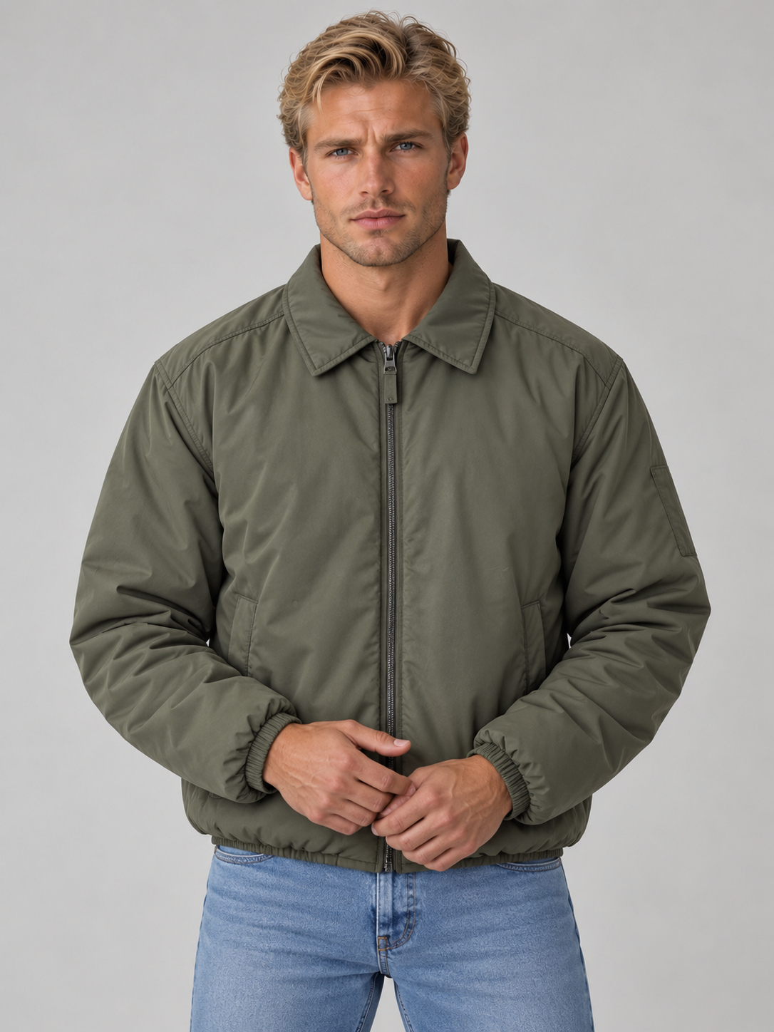 Men's padded collared bomber jacket with zip front and angled pockets