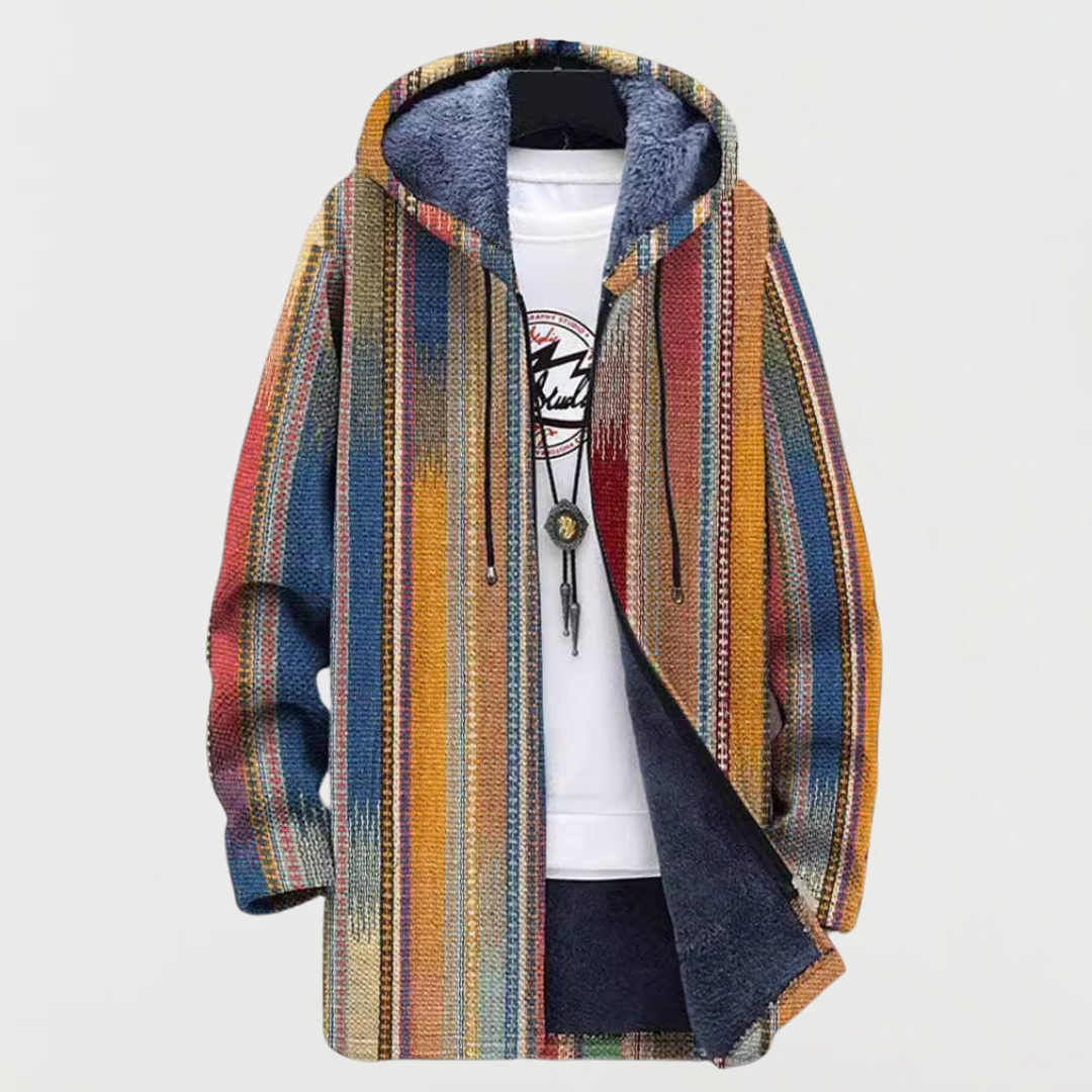 Manteau long à capuche, imprimé ethnique et doublure polaire pour homme