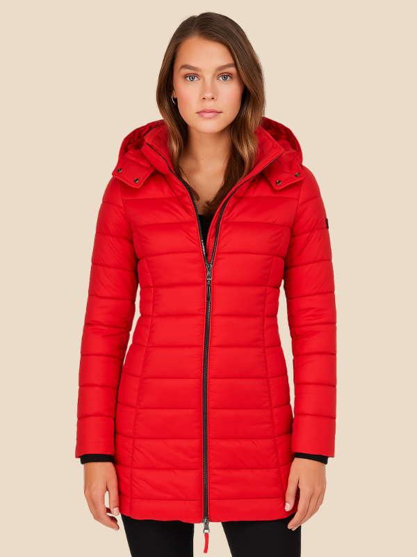 Women's hooded navy quilted longline puffer coat with zip front and angled zip pockets