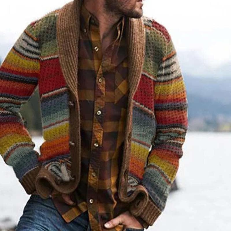 Men's multicoloured striped knit cardigan with shawl collar and front pockets