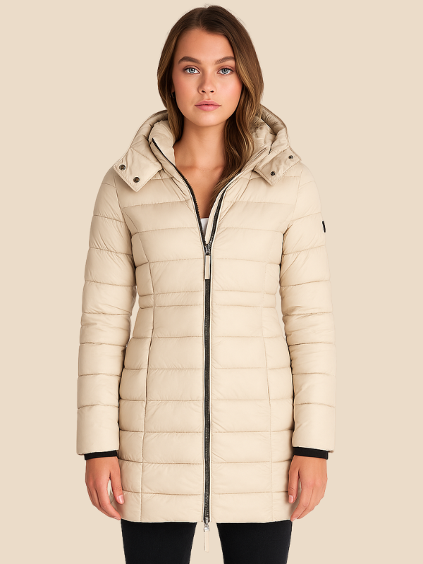 Women's hooded navy quilted longline puffer coat with zip front and angled zip pockets