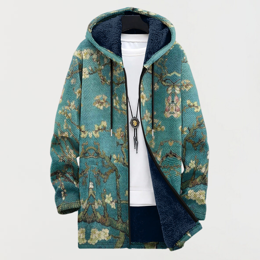 Manteau long à capuche, imprimé ethnique et doublure polaire pour homme