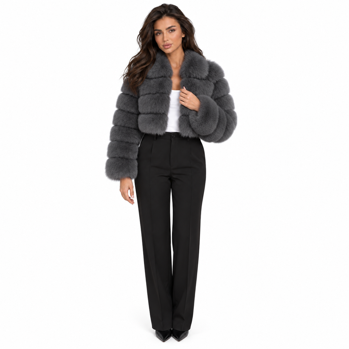 Women's Cropped Tiered Faux Fur Jacket